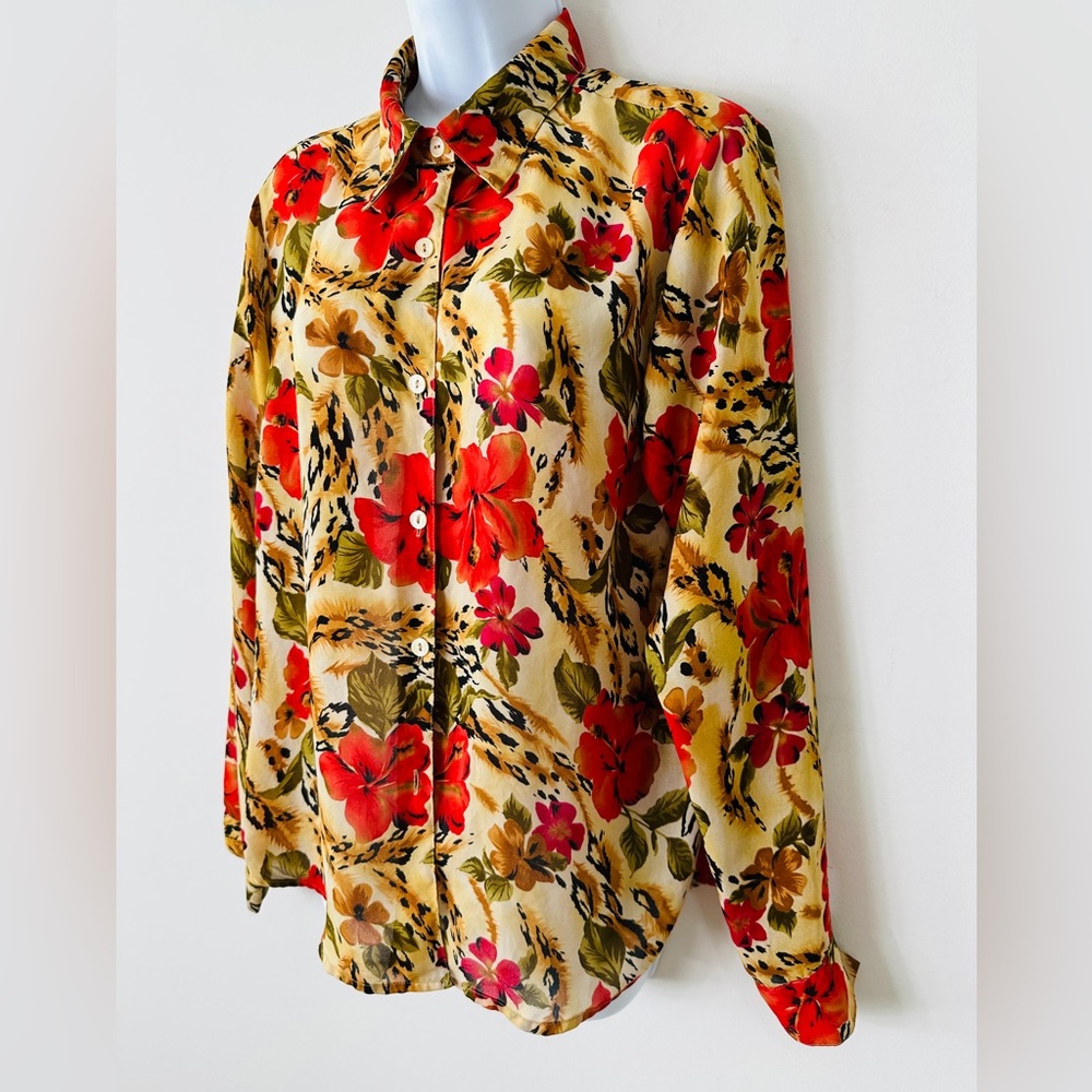 Vintage large flower print shirt yellow brown